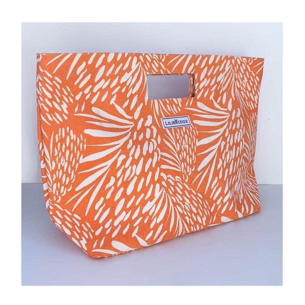 NWT LILIBRIDGE Orange Sea Feather Print Natural Cotton Canvas Tote Bag
